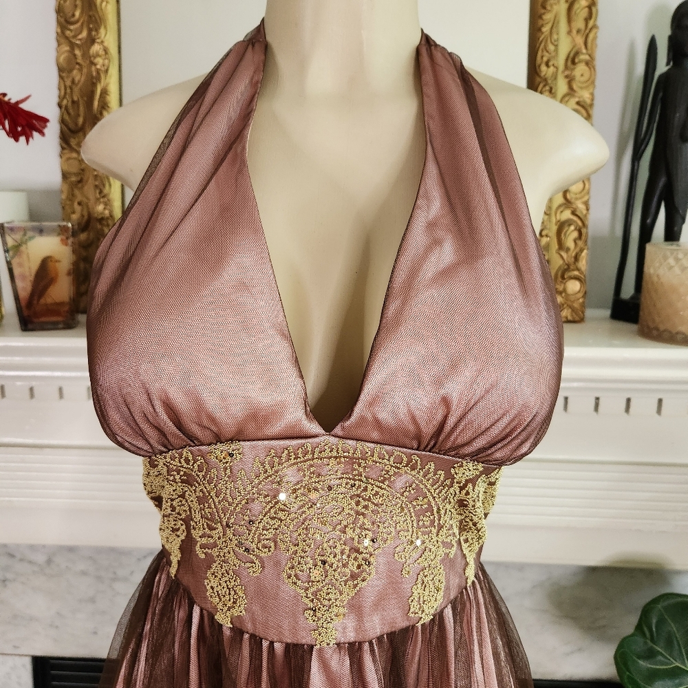 Adrianna Papell Boutique Mocha Brown Pink Gold Halter Dress Beaded Cocktail Sz 4 - Picture 4 of 14